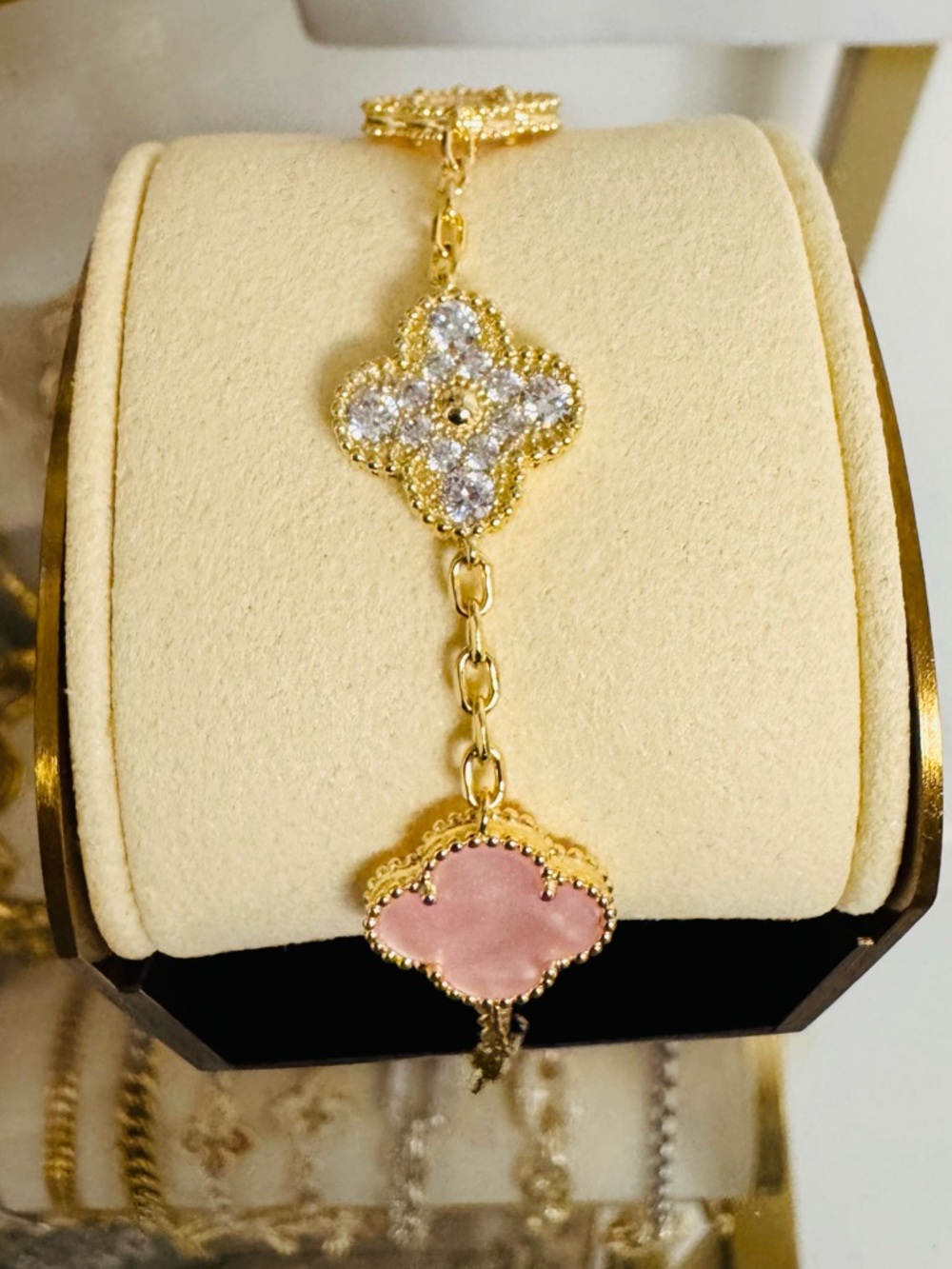 Gold Chain Bracelet with Pink Clover Accents - Picture 10 of 11